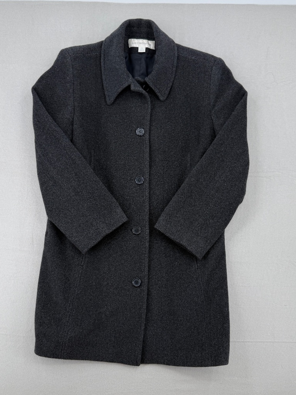Charcoal Grey Herringbone Wool Cashmere Coat Dark Academia Office Jacket Women L
